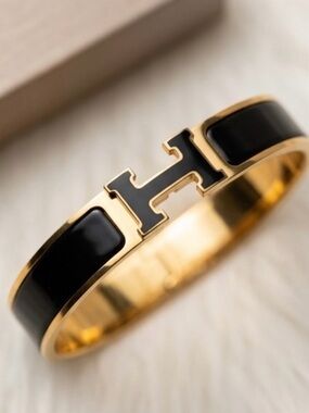 Gold Stainless Steel and Black H Bracelet - Luxury Enamel Cuff